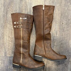 TOP Moda Brown Over the Knee Boots with Zipper and Buckle